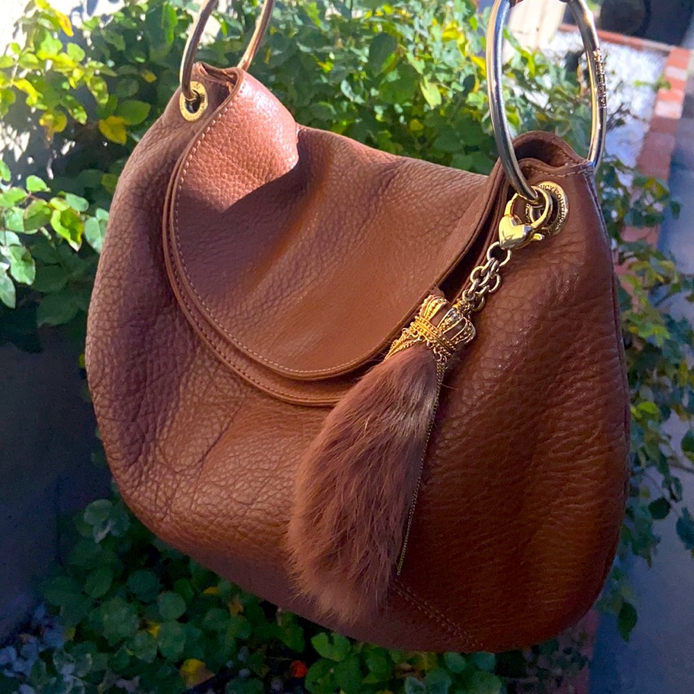 Vintage Y2K Juicy Couture Brown Leather BAG PURSE SATCHEL CROWN RABBITS FOOT